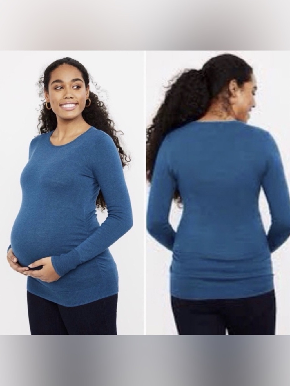 Motherhood Maternity teal crew neck side ruched sweater.